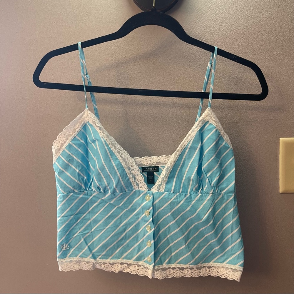 Lauren Ralph lauren Blue Striped Lace Trim cropped Camisole